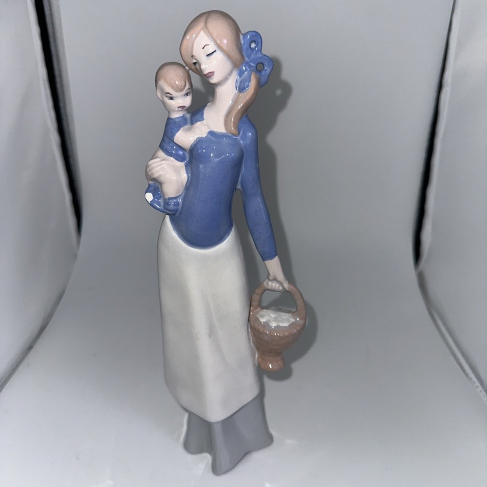 Mother and Child With Basket Ceramic Figurine Motherhood Porcelain 1990s Large